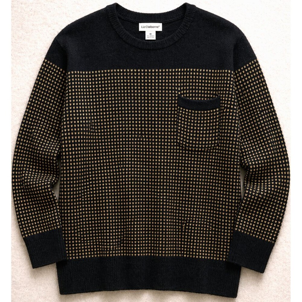Vintage Liz Claiborne Sweater Womens M Black Gold Hearts 90s Glam Knit Preppy